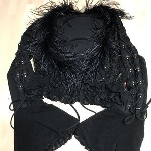 Ozz on ostrich feather bell sleeve lace up ruffle bolero